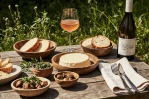 Wein zum Essen gebackener Camembert, fermentierte Pilze, Kräuter & Orange Wine aus Slowenien