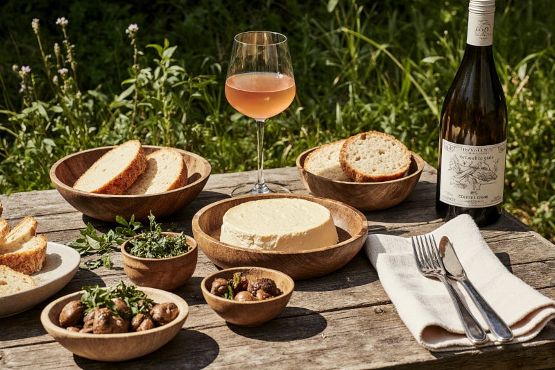 Wein zum Essen gebackener Camembert, fermentierte Pilze, Kräuter & Orange Wine aus Slowenien