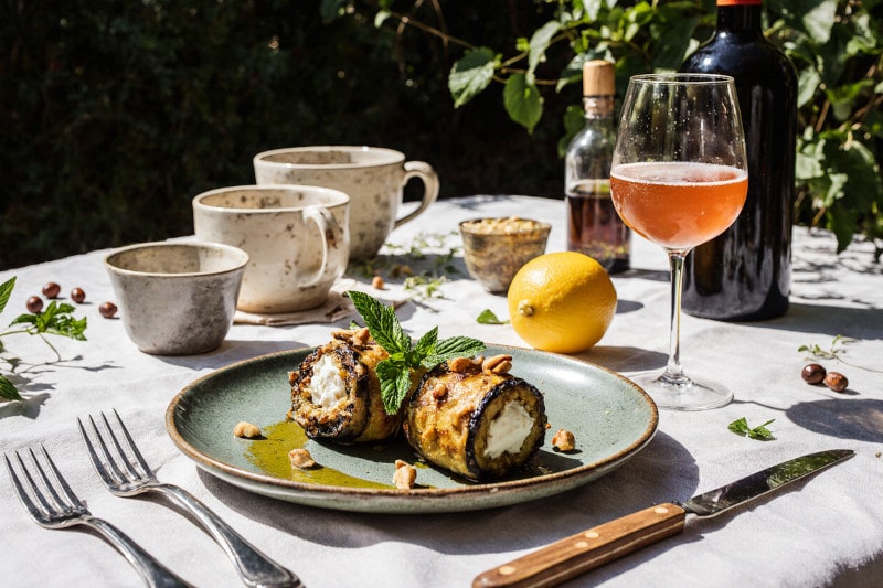 Wein aus Österreich: Orange Wine zu gegrillten Auberginenröllchen mit Ricotta und Minze