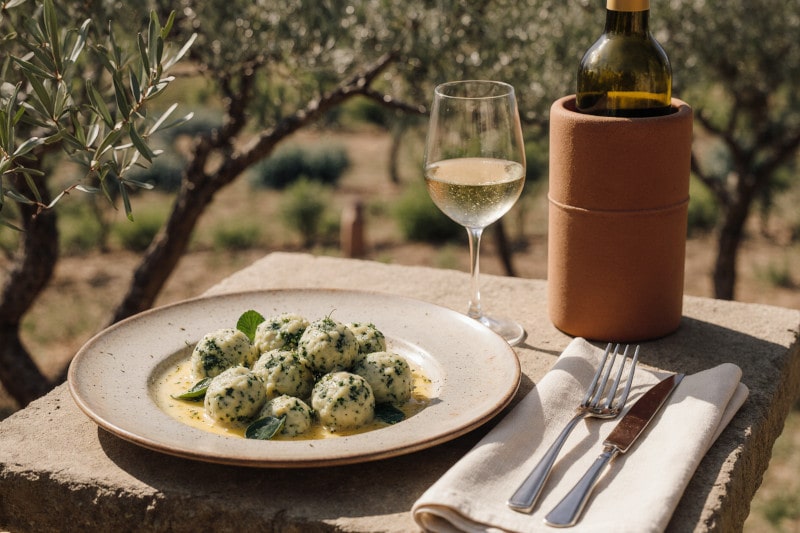 Wein zum Essen Gnudi, Ricottanocken mit Spinat, Vernaccia di San Gimignano DOCG, Gartentisch, italienische Szenerie