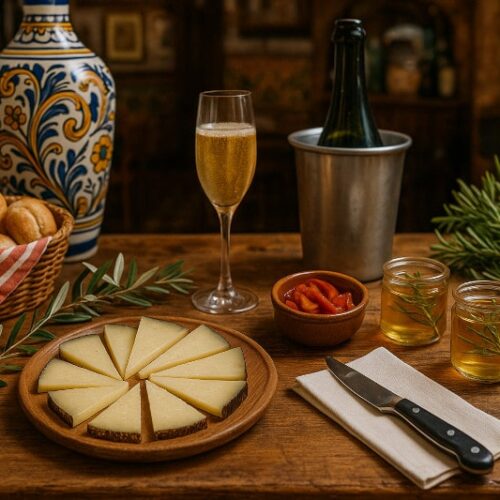 Wein zum Essen Manchego mit fermentierten Paprikastreifen, Rosmarin-Honig & Pet-Nat Brut Nature auf mediterranem Sommertisch