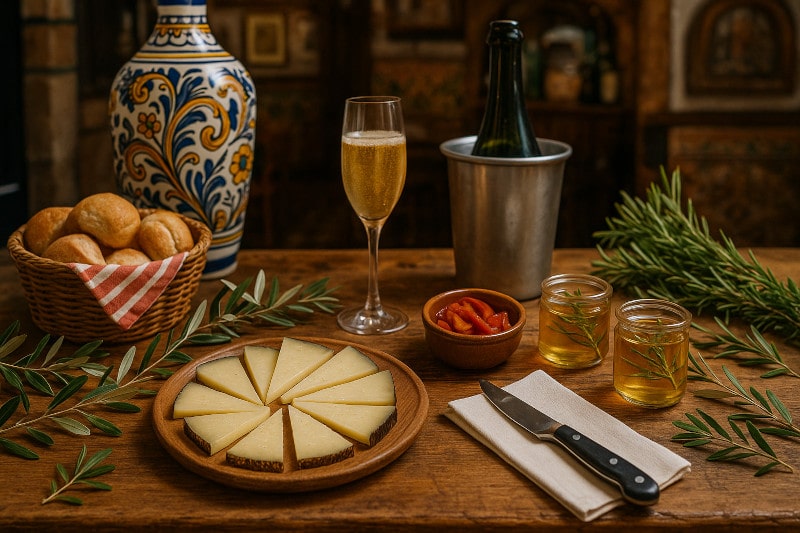 Wein zum Essen Manchego mit fermentierten Paprikastreifen, Rosmarin-Honig & Pet-Nat Brut Nature auf mediterranem Sommertisch
