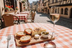 Wein zum Essen Munster-Käse mit Kümmel, Brot & Gewürztraminer Grand Cru d’Alsace auf französischer Käseplatte