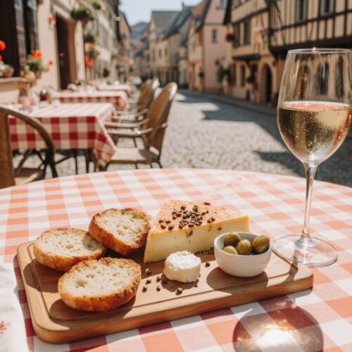 Wein zum Essen Munster-Käse mit Kümmel, Brot & Gewürztraminer Grand Cru d’Alsace auf französischer Käseplatte