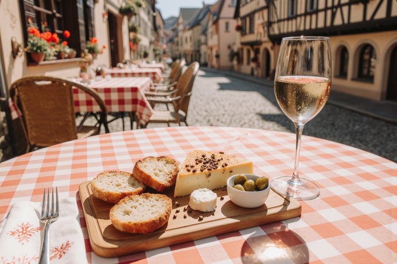 Wein zum Essen Munster-Käse mit Kümmel, Brot & Gewürztraminer Grand Cru d’Alsace auf französischer Käseplatte