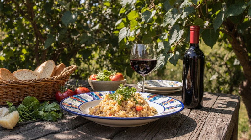 Wein zum Essen Paniscia Novara, Gattinara DOCG Rotwein, italienischer Gartentisch, rustikales Risotto, mediterrane Atmosphäre