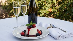 Wein zum Essen Panna Cotta, italienisches Sahnedessert, Asti Spumante DOCG, Dessertteller, mediterrane Terrasse