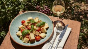 Wein zum Essen Panzanella, toskanischer Brotsalat, Vernaccia di San Gimignano DOCG, Garten, mediterraner Sommertisch