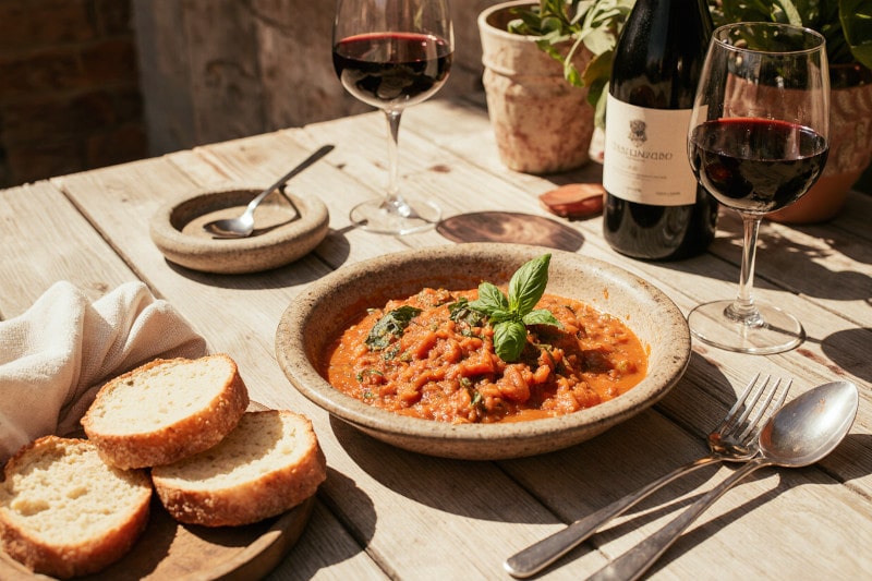 Wein zum Essen Pappa al Pomodoro mit Carmignano DOCG auf toskanischem Gartentisch
