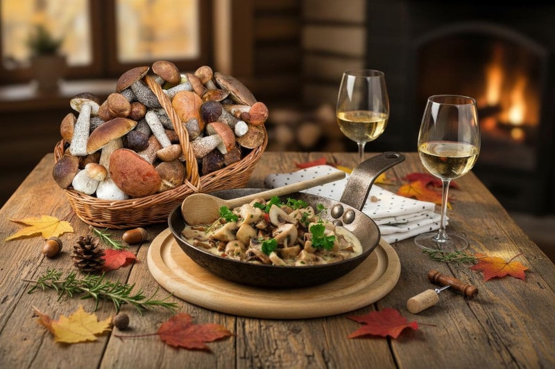 Herbstliches Stillleben mit einer Pilzpfanne aus frischen Mischpilzen, zwei Gläsern Weißwein, einem großen Korb voller Waldpilze und herbstlichen Deko-Elementen auf einem rustikalen Holztisch, im Hintergrund ein Kaminfeuer.