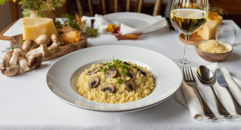 Wein zum Essen Pilzrisotto Steinpilze, cremiges Risotto, Sauvignon Blanc, Holztisch, mediterranes Herbstlicht