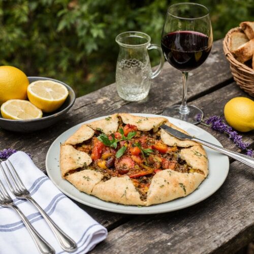 Wein aus Frankreich: Ratatouille-Galette mit Kräuterkruste, Tomatenvinaigrette & Naturwein aus Languedoc
