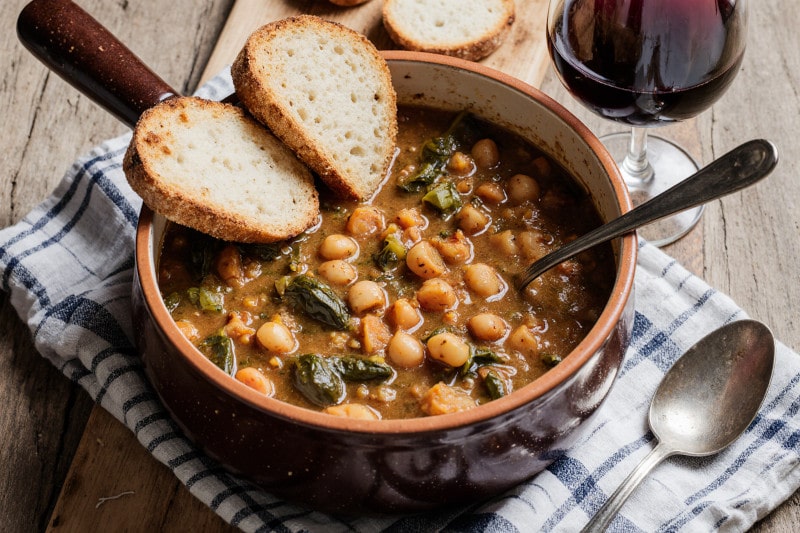 Wein zum Essen Ribollita mit Brot, Kohl und Chianti Colli Senesi auf toskanischem Landhaustisch