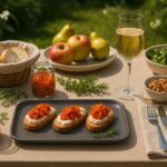 Wein zum Essen Sauerteig-Crostini mit gereiftem Ziegenkäse & Kimchi, Pet-Nat Weiß aus Österreich