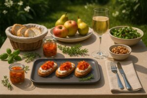 Wein zum Essen Sauerteig-Crostini mit gereiftem Ziegenkäse & Kimchi, Pet-Nat Weiß aus Österreich