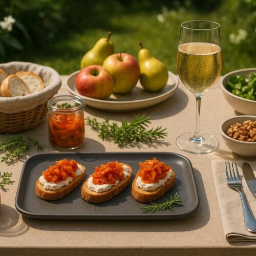 Wein zum Essen Sauerteig-Crostini mit gereiftem Ziegenkäse & Kimchi, Pet-Nat Weiß aus Österreich