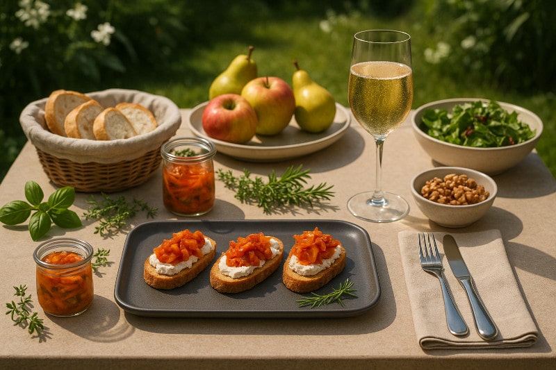 Wein zum Essen Sauerteig-Crostini mit gereiftem Ziegenkäse & Kimchi, Pet-Nat Weiß aus Österreich