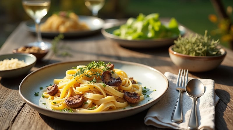 Wein zum Essen Tagliatelle Steinpilze, herbstliche Pasta, Chardonnay, Gartentisch, Pilzgericht im Sonnenlicht