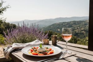 Tomaten-Carpaccio mit Burrata und Roséwein, Wein aus Frankreich