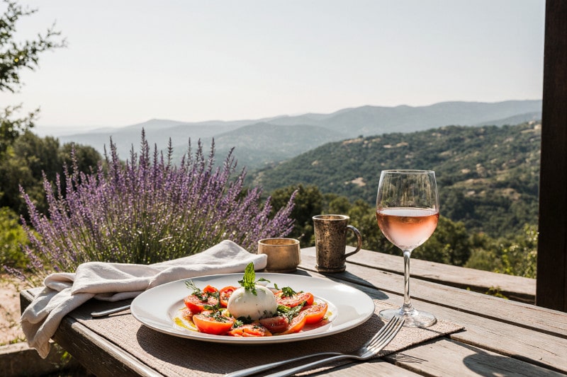 Tomaten-Carpaccio mit Burrata und Roséwein, Wein aus Frankreich