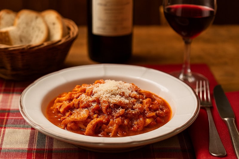 Wein zum Essen Trippa alla Fiorentina, Kutteln Florentiner Art, Vino Nobile di Montepulciano DOCG, florentinische Tischszene