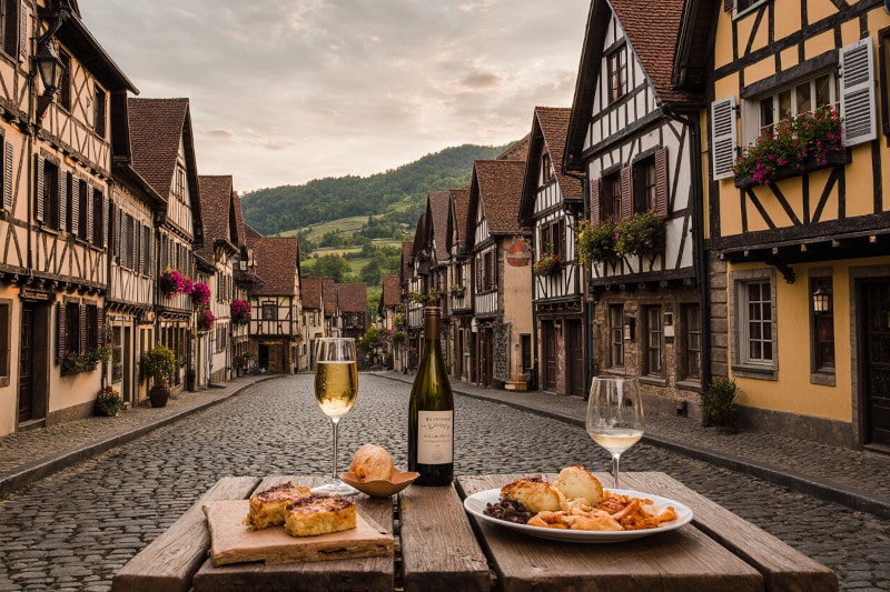 Elsässische Weinszene in Riquewihr: Tarte Flambée, Choucroute und Kougelhopf auf einem rustikalen Holztisch, dazu zwei Gläser mit Riesling und Crémant d’Alsace vor Fachwerkhäusern und Weinbergen bei Abendlicht.