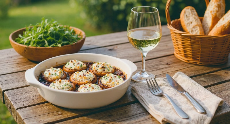 Wein zum Essen Gefüllte Champignons, Ofengericht vegetarisch, Silvaner aus Franken, Kräuter, Terrassentisch