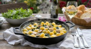 Wein zum Essen Gnocchi Pilze Spinat, cremige Gnocchi-Pfanne, Grüner Veltliner, Wintergarten, vegetarisches Wohlfühlessen