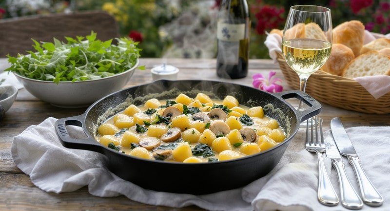 Wein zum Essen Gnocchi Pilze Spinat, cremige Gnocchi-Pfanne, Grüner Veltliner, Wintergarten, vegetarisches Wohlfühlessen