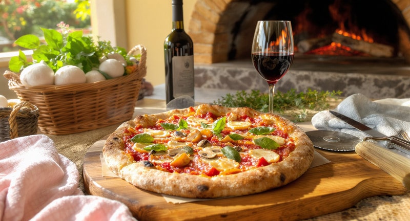 Wein zum Essen Pizza Funghi, knusprige Pilzpizza, Bardolino DOC, mediterrane Terrasse, italienische Lebensfreude