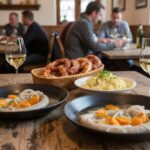 Wein zum Essen: Blaue Zipfel mit Zwiebelringen im Essigsud, serviert im fränkischen Biergarten mit Müller-Thurgau und Brezen