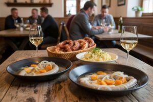 Wein zum Essen: Blaue Zipfel mit Zwiebelringen im Essigsud, serviert im fränkischen Biergarten mit Müller-Thurgau und Brezen