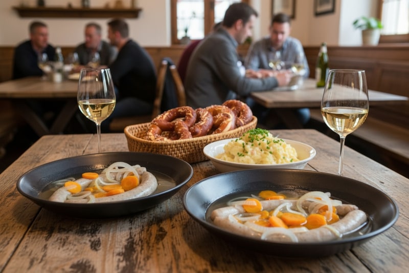 Wein zum Essen: Blaue Zipfel mit Zwiebelringen im Essigsud, serviert im fränkischen Biergarten mit Müller-Thurgau und Brezen