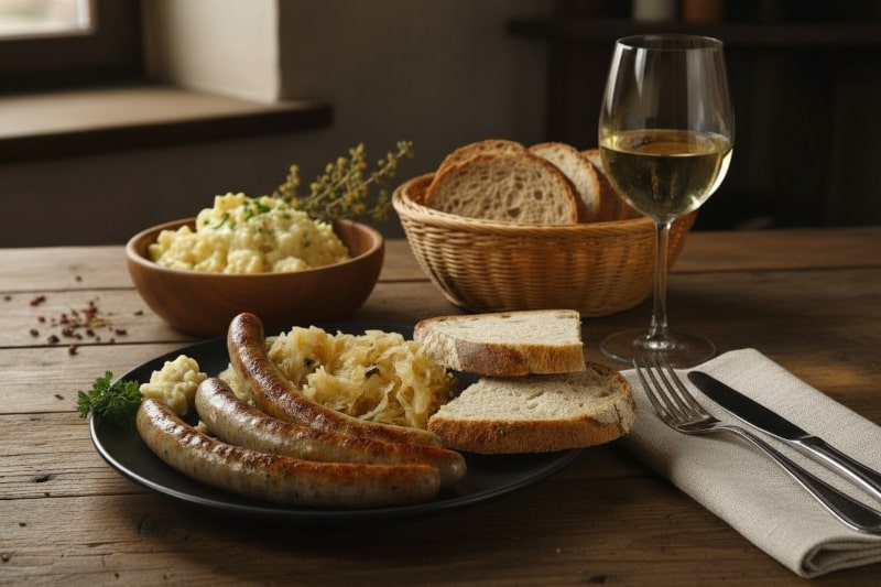 Wein zum Essen – Fränkische Bratwürste mit Sauerkraut und Silvaner auf rustikalem Holztisch