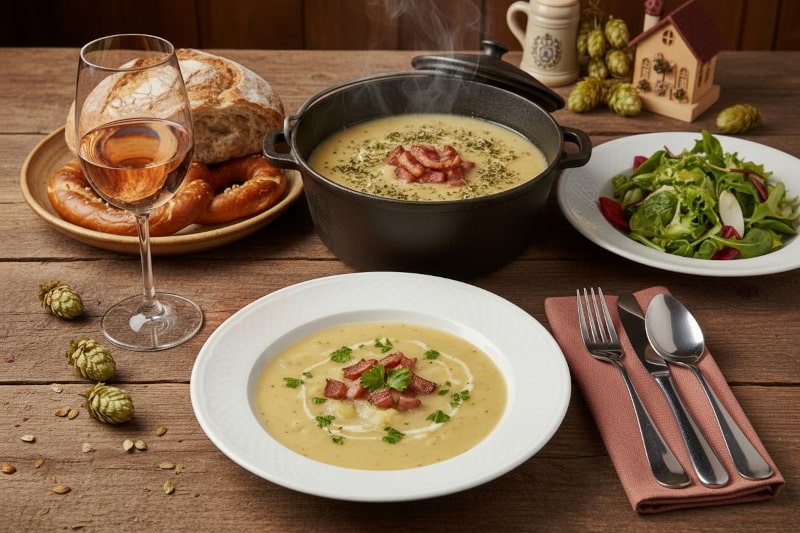 Wein zum Essen Fränkische Kartoffelsuppe mit Majoran und Speck, Bauernbrot, Roséwein, rustikales Setting