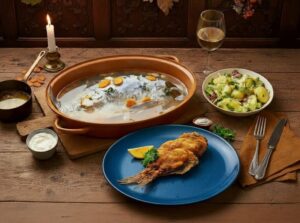 Wein zum Essen – Fränkischer Karpfen (blau & gebacken) mit Beilagen auf Holztisch und Weißburgunder im Glas