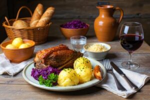 Wein zum Essen – Fränkisches Schäufele mit Kruste, Klößen und Domina QbA aus Franken