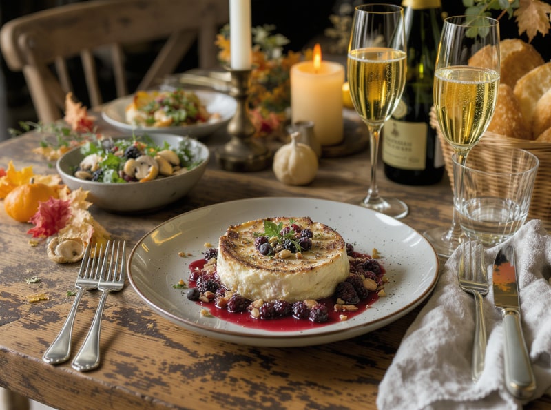 Wein zum Essen Gebackener Camembert mit Waldbeeren, Nüssen, Pilzsalat und Pet-Nat im herbstlichen Setting