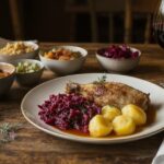 Wein zum Essen gebratene Gänsekeule mit Quitten-Rotkohl und Kartoffelknödeln, serviert mit einem Glas Blaufränkisch aus dem Burgenland