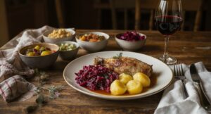 Wein zum Essen gebratene Gänsekeule mit Quitten-Rotkohl und Kartoffelknödeln, serviert mit einem Glas Blaufränkisch aus dem Burgenland