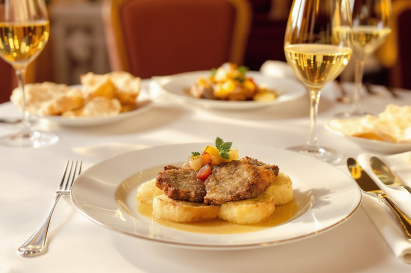 Wein zum Essen Gebratene Gänseleber mit Apfel-Birnen-Chutney und Sauternes-Weinbegleitung