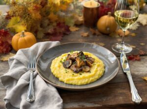 Wein zum Essen – Gebratene Pfifferlinge auf Polenta mit Kräutern, serviert mit Chardonnay im herbstlichen Garten