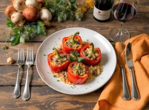 Wein zum Essen Gefüllte Paprikaschoten mit Wildpilz-Risotto und Nebbiolo im herbstlichen Setting