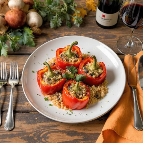 Wein zum Essen Gefüllte Paprikaschoten mit Wildpilz-Risotto und Nebbiolo im herbstlichen Setting