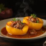 Wein zum Essen Gefüllte Quitten mit Lammhack und orientalischen Gewürzen, serviert mit einem Glas Syrah aus Stellenbosch, Südafrika