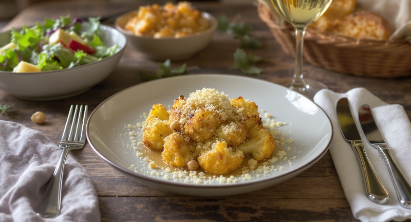 Wein zum Essen Gerösteter Blumenkohl mit Haselnussbutter und Parmesan-Crumble, serviert mit einem Glas Chardonnay aus Chablis