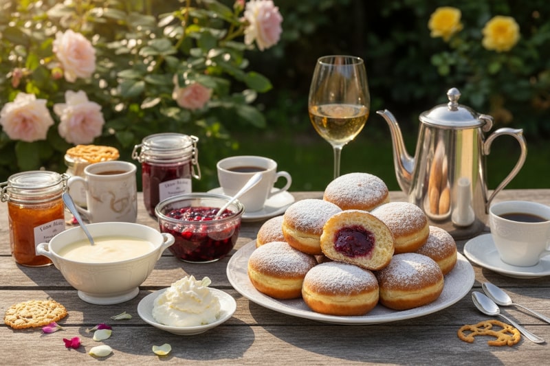 Wein zum Essen Hiffenmark-Krapfen mit Hagebuttenmarmelade, Vanillesoße, Gewürztraminer, Garten-Tafel