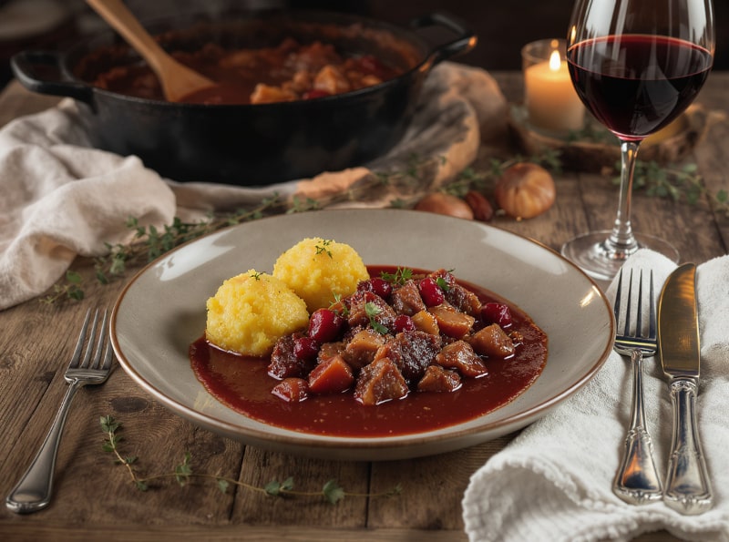 Wein zum Essen – Hirschgulasch mit Maronen und Preiselbeersauce mit Spätburgunder im Glas
