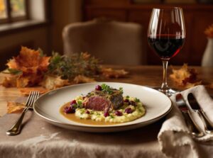 Wein zum Essen Hirschrücken im Kräutermantel mit Selleriepüree und Barolo-Weinbegleitung