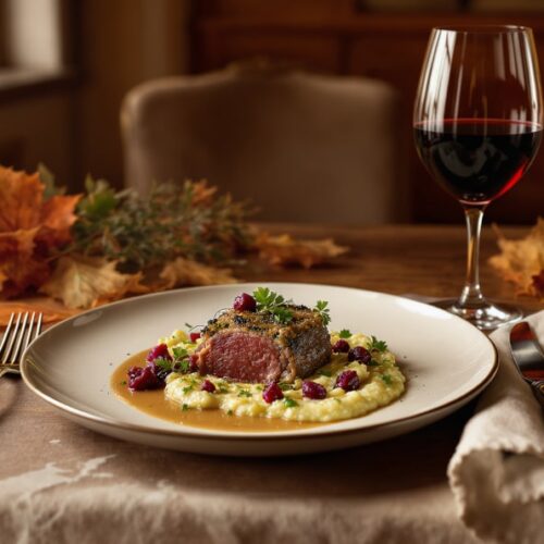 Wein zum Essen Hirschrücken im Kräutermantel mit Selleriepüree und Barolo-Weinbegleitung